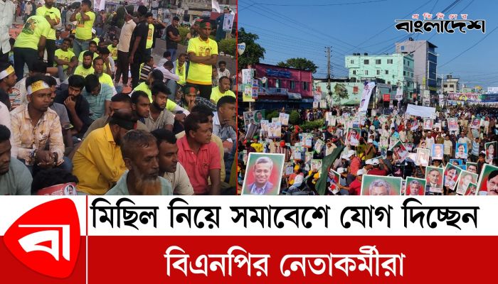 মিছিল নিয়ে সমাবেশে যোগ দিচ্ছেন বিএনপির নেতাকর্মীরা 