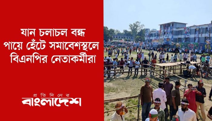 যান চলাচল বন্ধ, পায়ে হেঁটে সমাবেশস্থলে বিএনপির নেতাকর্মীরা