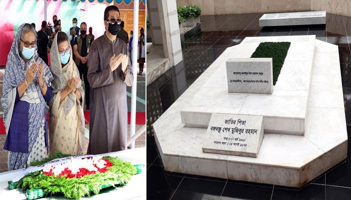 বঙ্গবন্ধু শেখ মুজিবুর রহমানের সমাধিতে পুষ্পস্তবক অর্পণ শেষে প্রধানমন্ত্রী শেখ হাসিনা, শেখ রেহানা ও পরিবারের অন্যান্যরা মোনাজাত করেন। 