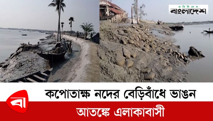 কপোতাক্ষ নদের বেড়িবাঁধে ভাঙন, আতঙ্কে এলাকাবাসী