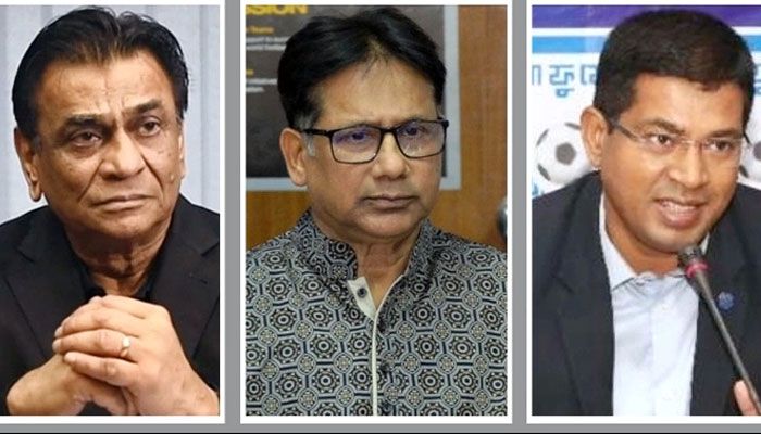 বাফুফে সভাপতি কাজী সালাউদ্দিন, সিনিয়র সহসভাপতি আবদুস সালাম মুর্শেদী ও সাবেক সাধারণ সম্পাদক আবু নাঈম সোহাগ (বাঁ থেকে)