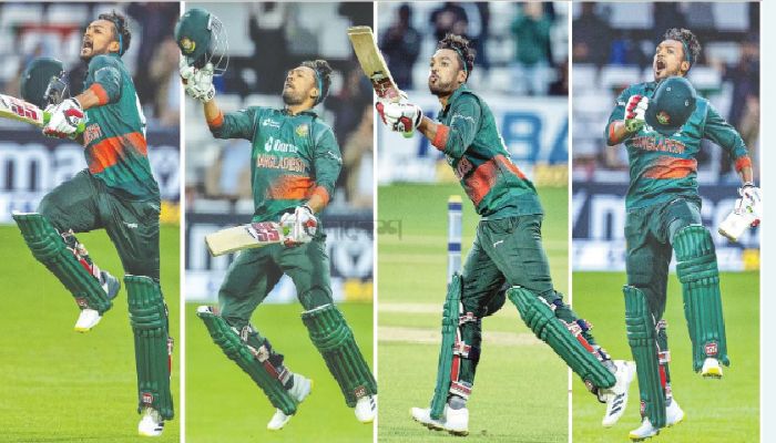 ক্যারিয়ারের প্রথম ওয়ানডে সেঞ্চুরি বলে কথা। সেই আনন্দে আত্মহারা হয়ে গেলেন নাজমুল হোসেন শান্ত। উল্লাসে ব্যাট তুললেন। হেলমেট খুলে হাসলেন। কাকে যেন ফ্লাইং কিসও দিলেন! ম্যাচ জেতানো ৯৩ বলে ১১৭ রানের ইনিংসে অনেক সমালোচনাকে এক ফুঁয়ে উড়িয়ে দিলেন এই বাঁহাতি    ছবি : বিসিবি 