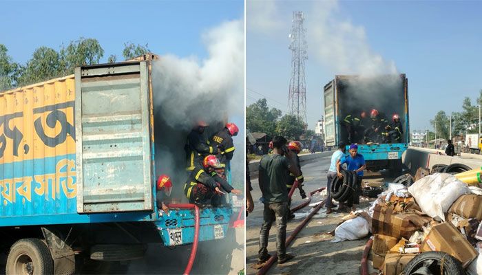 কুরিয়ার সার্ভিসের গাড়িতে দেওয়া আগুন নিয়ন্ত্রণে আনে ফায়ার সার্ভিস। প্রবা ফটো