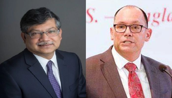 পররাষ্ট্রসচিব মাসুদ বিন মোমেন ও যুক্তরাষ্ট্রের রাষ্ট্রদূত পিটার ডি হাস। সংগৃহীত ছবি 
