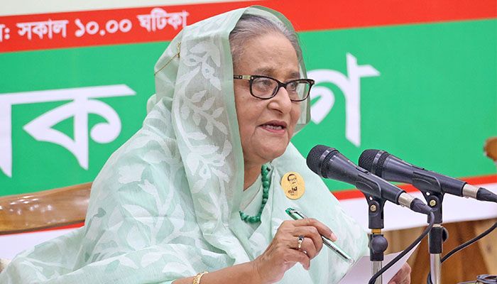 শনিবার গণভবনে বাংলাদেশ কৃষক লীগ আয়োজিত বৃক্ষরোপণ কর্মসূচি উদ্বোধন অনুষ্ঠানে বক্তব্য দেন প্রধানমন্ত্রী শেখ হাসিনা। ছবি : ফোকাস বাংলা