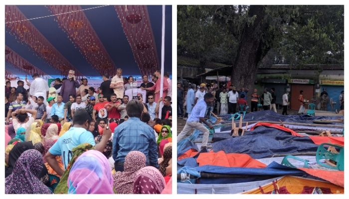 ভাঙা মঞ্চে বক্তব্য দিলেন সাবেক এমপি ইকবাল হাসান মাহমুদ টুকু