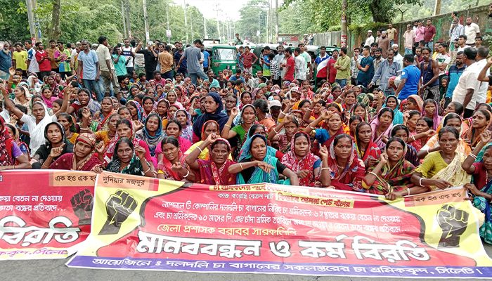 বকেয়া মজুরির দাবিতে চা-শ্রমিকদের অবরোধ