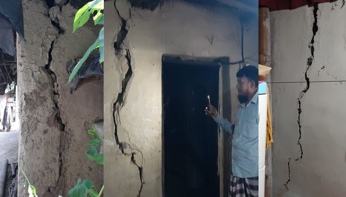 আছারবুনিয়া গ্রামের বাড়িঘরে ফাটলের চিত্র। প্রবা ফটো
