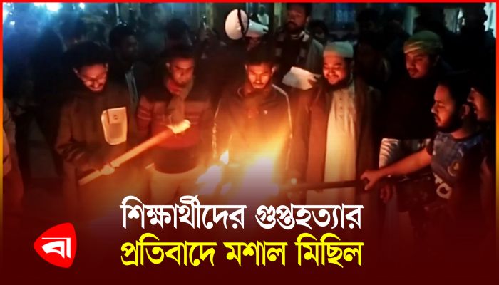 শিক্ষার্থীদের গুপ্তহত্যার প্রতিবাদে নড়াইলে বৈষম্য বিরোধী ছাত্র আন্দোলনের মশাল মিছিল