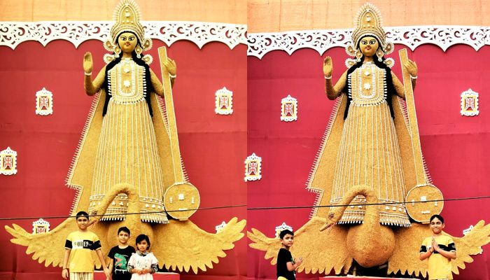 শ্রীমঙ্গলে নজর কেড়েছে ধান দিয়ে বানানো সরস্বতী 