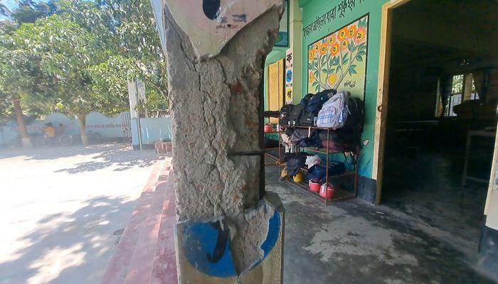 রাজবাড়ীর বালিয়াকান্দি উপজেলার বাওনাড়া সরকারি প্রাথমিক বিদ্যালয়ের পরিত্যক্ত ভবনের ছাদ ও দেয়াল থেকে খসে পড়ছে পলেস্তারা। প্রবা ফটো
