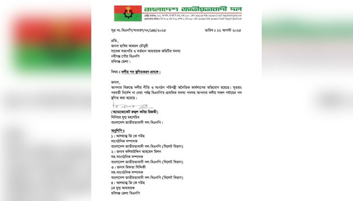 নবীগঞ্জ পৌর বিএনপির সদস্য ছাবিরের পদ স্থগিত