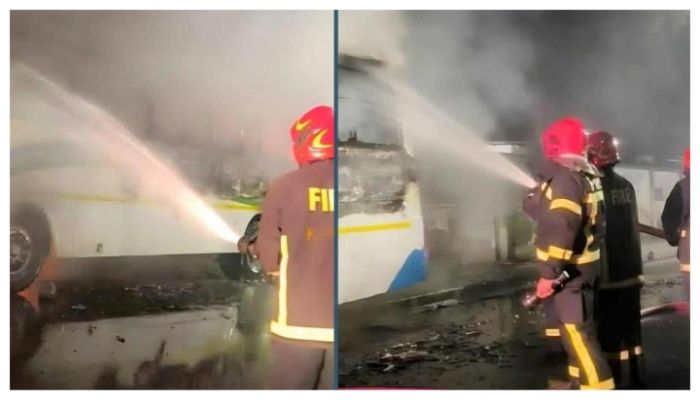 ডিআইউয়ের ছাত্র পরিবহনের বাসে দুষ্কৃতিকারীদের অগ্নিসংযোগ: সুষ্ঠু তদন্তের দাবি