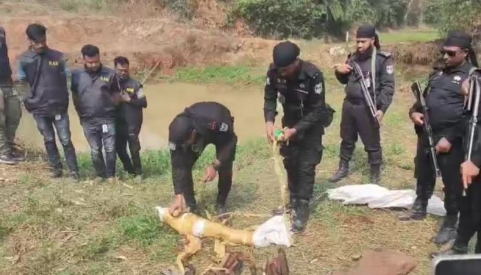 কুমিল্লায় ডোবা সেঁচে সোমবার বিপুল পরিমাণ অবৈধ আগ্নেয়াস্ত্র ও ধারালো অস্ত্র উদ্ধার করেছে র‍্যাব। ছবি: প্রতিদিনের বাংলাদেশ