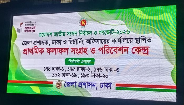 ঢাকা জেলা প্রশাসক ও রিটার্নিং অফিসারের কার্যালয়ে স্থাপিত প্রাথমিক ফলাফল সংগ্রহ ও পরিবেশন কেন্দ্র। ছবি: প্রতিদিনের বাংলাদেশ