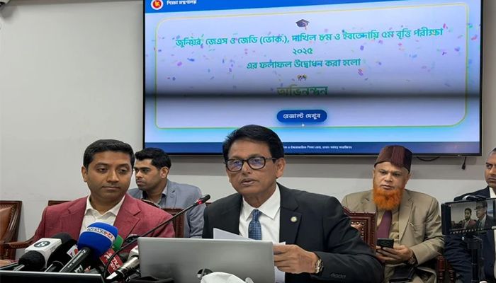 সচিবালয়ে শিক্ষা মন্ত্রণালয়ে বুধবার এক সংবাদ সম্মেলনে আনুষ্ঠানিকভাবে বৃত্তির ফলাফল উদ্বোধন করেন শিক্ষা, প্রাথমিক ও গণশিক্ষা মন্ত্রী ড. আ ন ম এহছানুল হক মিলন। ছবি: বাসস