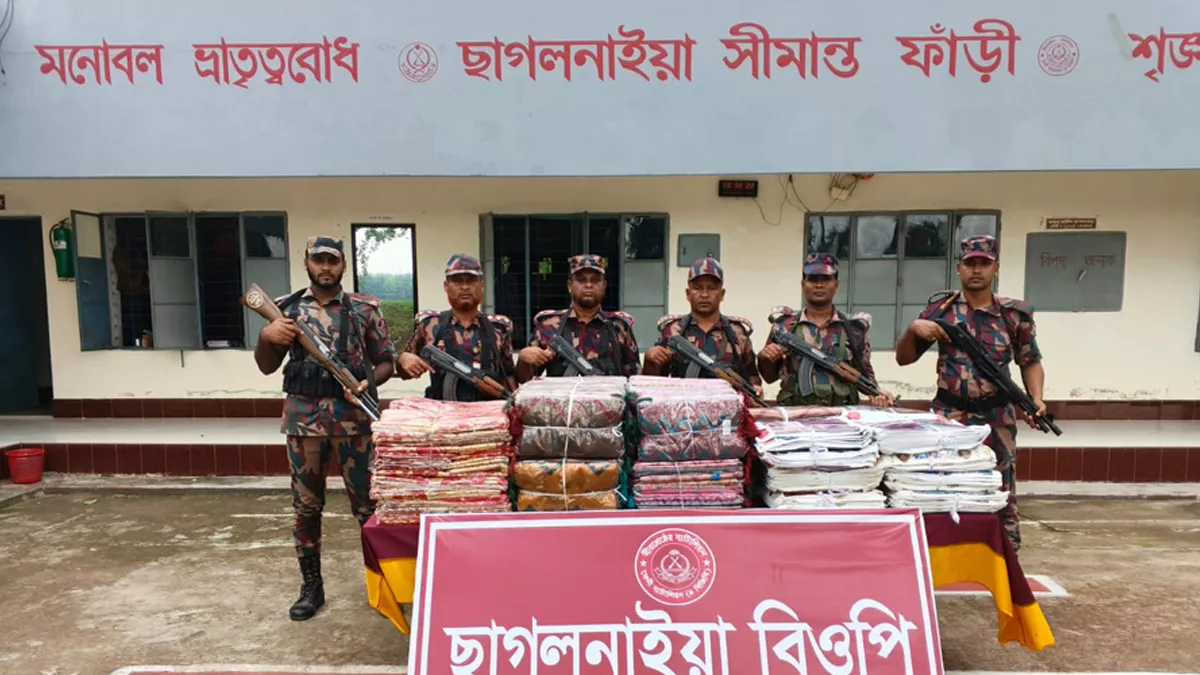 ফেনীতে ৪১ লাখ ২০ হাজার টাকার ভারতীয় শাড়ি জব্দ করেছে বিজিবি। ছবি: প্রতিদিনের বাংলাদেশ 