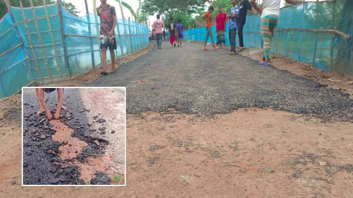 প্রায় ২ কোটি ৬৪ লাখ টাকা ব্যয়ে নির্মাণাধীন সড়কের কার্পেটিংয়ের পিচ ঢালাইয়ের মাত্র তিন দিনের মাথায় উঠে যাচ্ছে। ছবি: প্রতিদিনের বাংলাদেশ