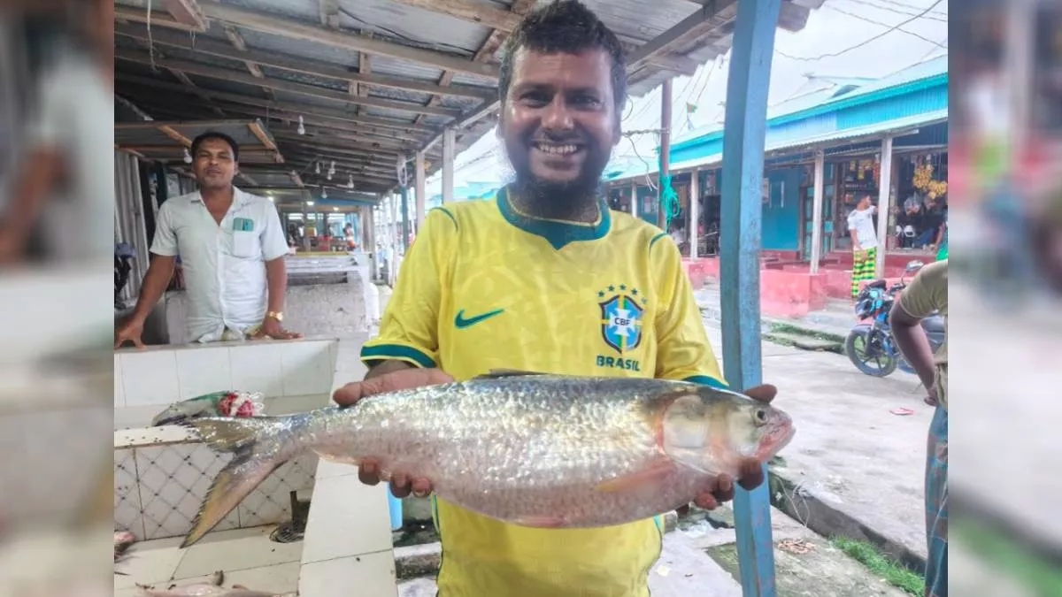 কলাতলী আবাসন সংলগ্ন মেঘনা নদীতে ইসমাইল মাঝির নৌকায় সোমবার বিকালে মাছটি ধরা পরে। ছবি: প্রতিদিনের বাংলাদেশ