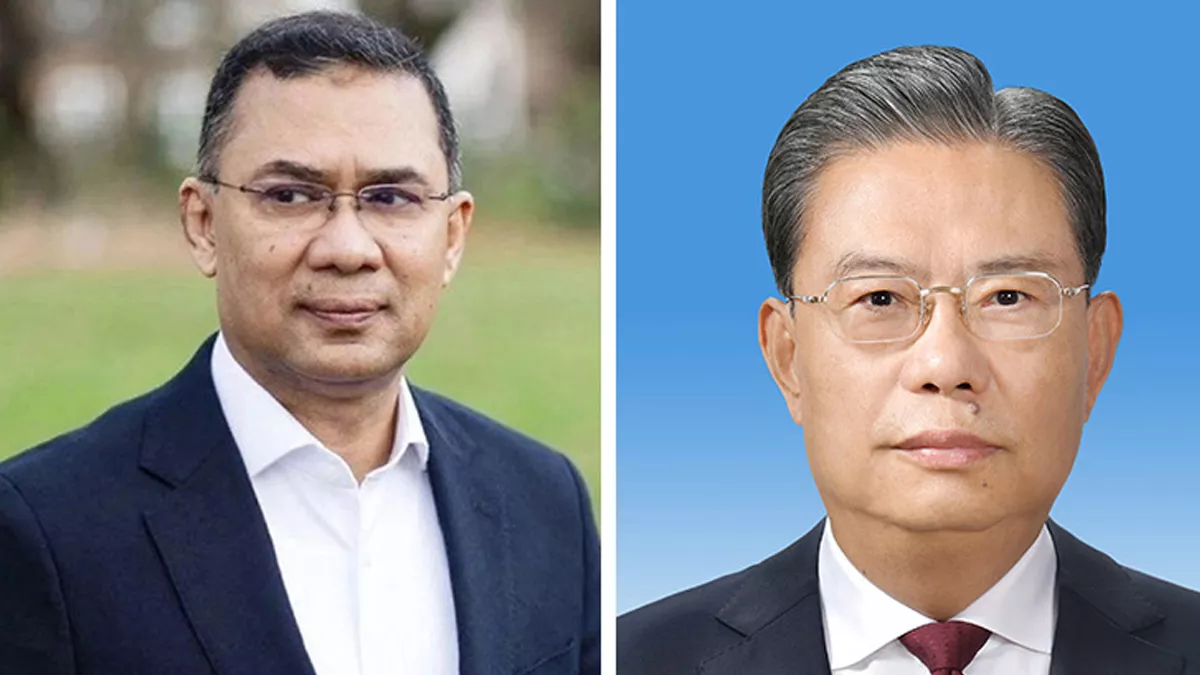 প্রধানমন্ত্রী তারেক রহমান ও চীনের ন্যাশনাল পিপলস কংগ্রেসের স্ট্যান্ডিং কমিটির চেয়ারম্যান ঝাউ লেজি।  কোলাজ: বাসস