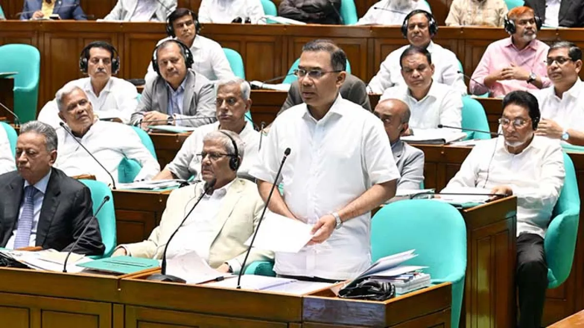 জাতীয় সংসদে সোমবার ২০২৬-২৭ অর্থবছরের প্রস্তাবিত বাজেটের ওপর সাধারণ আলোচনায় বক্তব্য রাখেন প্রধানমন্ত্রী তারেক রহমান। ছবি: পিএমও