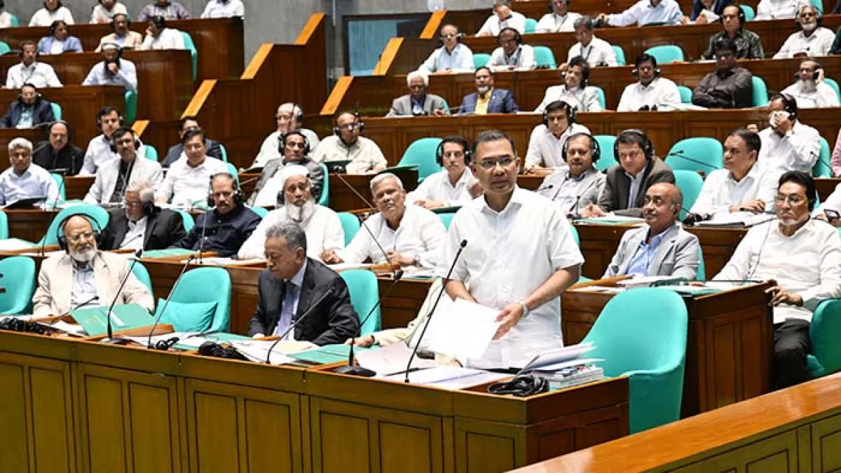 প্রধানমন্ত্রী তারেক রহমান সোমবার দুপুরে জাতীয় সংসদে ২০২৬-২৭ অর্থবছরের প্রস্তাবিত বাজেটের ওপর সাধারণ আলোচনায় বক্তব্য দেন। ছবি: পিএমও