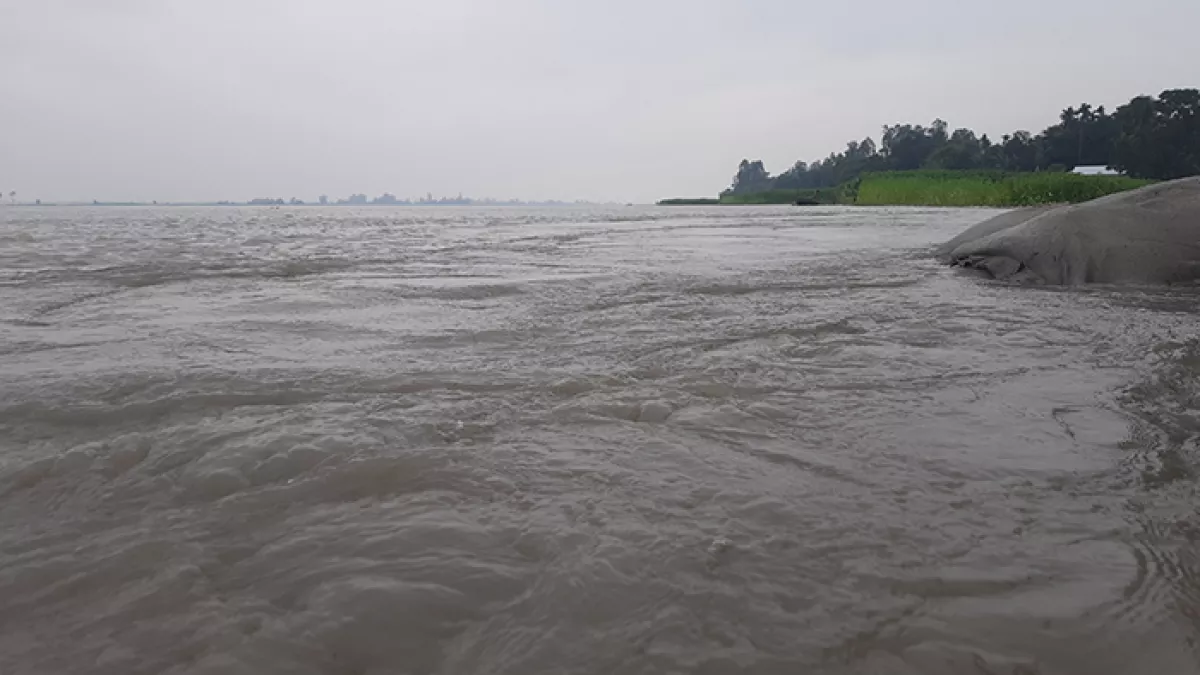তিস্তা নদীর কাউনিয়া পয়েন্টে পানি বিপৎসীমার কাছাকাছি অবস্থান করছে। ছবি: প্রতিদিনের বাংলাদেশ