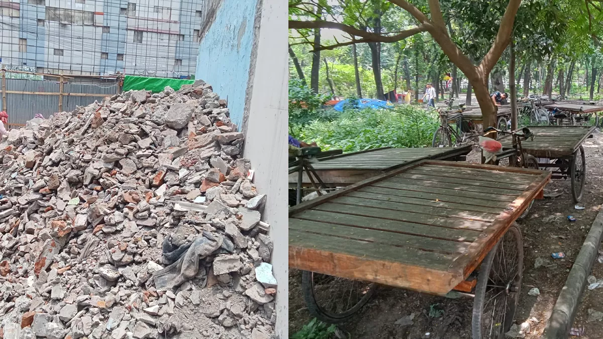 পার্ক দখল করে চলছে অবৈধ ভ্যান স্ট্যান্ড, মৌসুমি ফলের আড়ত আর অননুমোদিত বাণিজ্যিক রাইডসের রমরমা রাজত্ব। ছবি: প্রতিদিনের বাংলাদেশ 