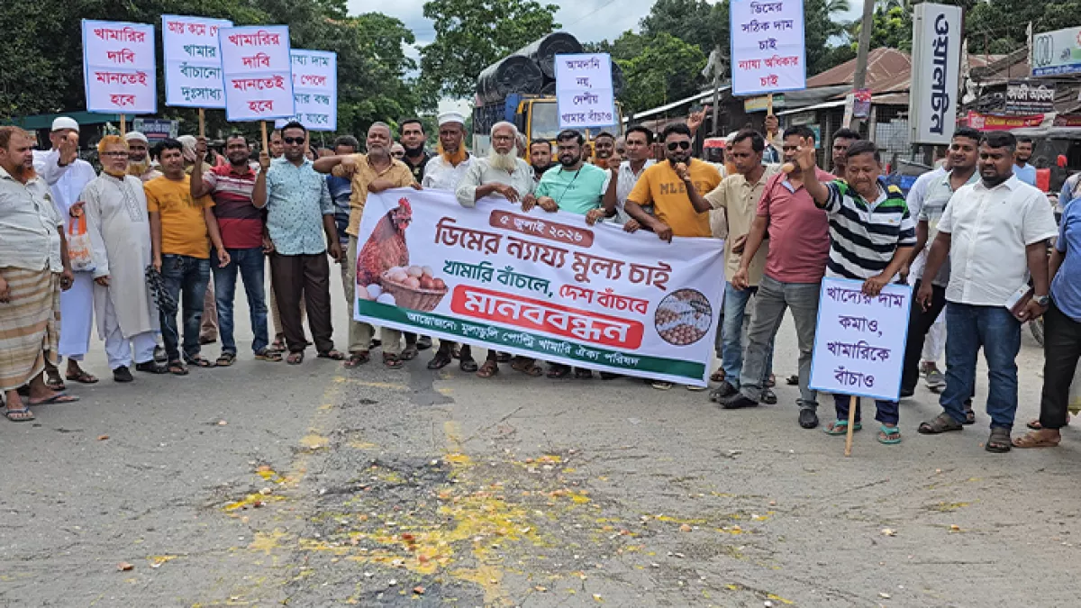 ঈশ্বরদীর মুলাডুলি বাজারে ডিমের ন্যায্যমূল্য নির্ধারণসহ পাঁচ দাবি নিয়ে মানববন্ধন, সড়ক অবরোধ ও ডিম ভেঙে অভিনব প্রতিবাদ করেছেন অর্ধশতাধিক প্রান্তিক খামারি। প্রবা ফটো